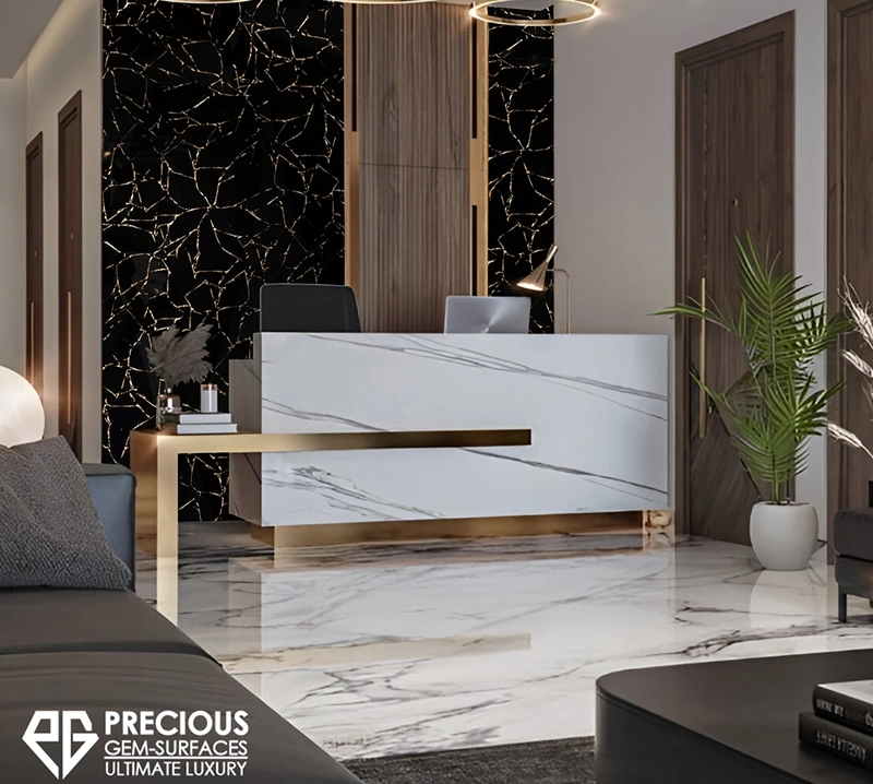 Obsidian Black Semiprecious Stone Slab large format for commercial lobby